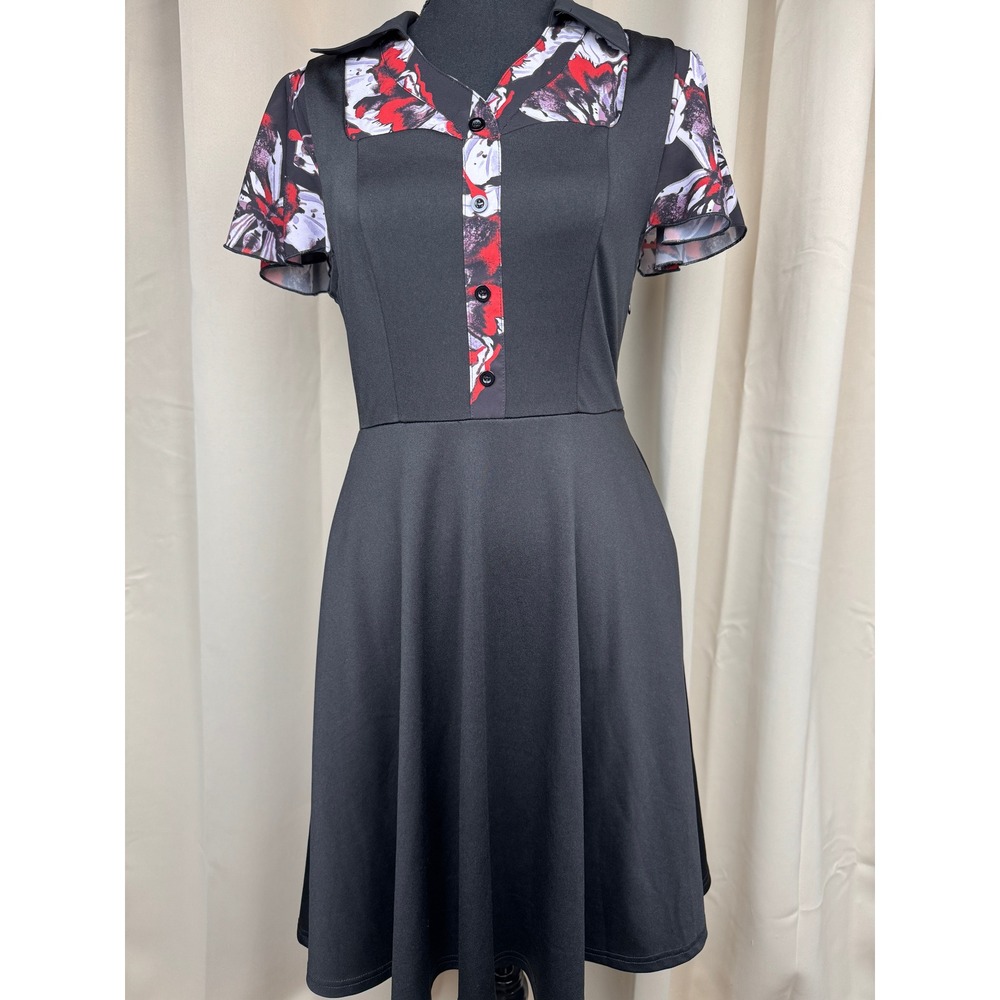 Scarlet‎ Darkness Black Floral Goth Midi Dress Button Front Whimsigoth Y2K Small